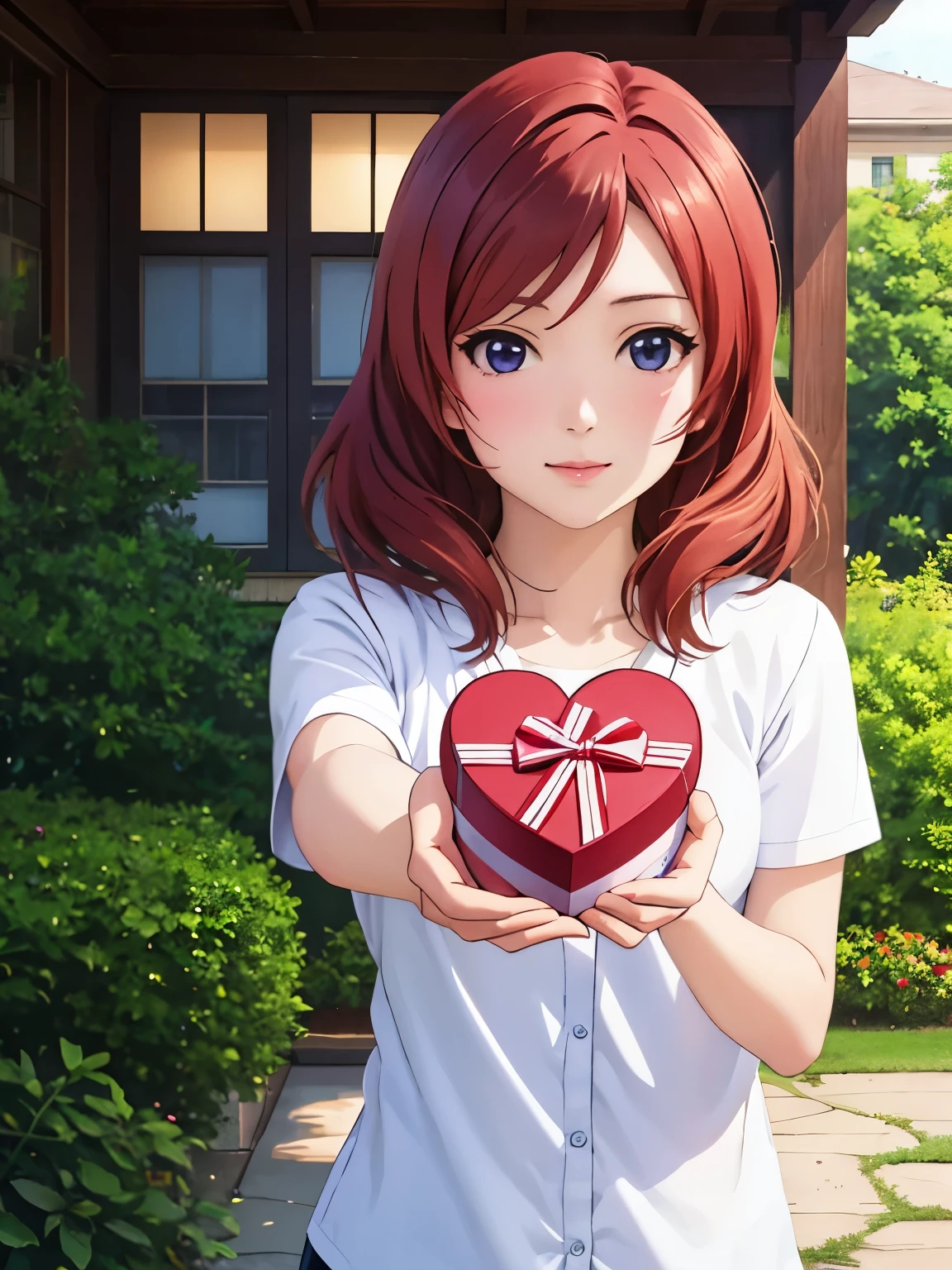 Alta resolução, mais alta qualidade, super alta qualidade,Imagens 3D,Maki Nishikino、de pé、jardim, (segurando uma caixa em forma de coração na mão), presenteを持参する, Dar para você_presente, (garotas de anime), cute garotas de anime, Garota apaixonada, referência absoluta ao centro、Outstretched hands holding a presente、(Real、fotorrealista、fotorrealista:1.37)、HDR、Ultra HD、iluminação de estúdio、pintura ultrafina