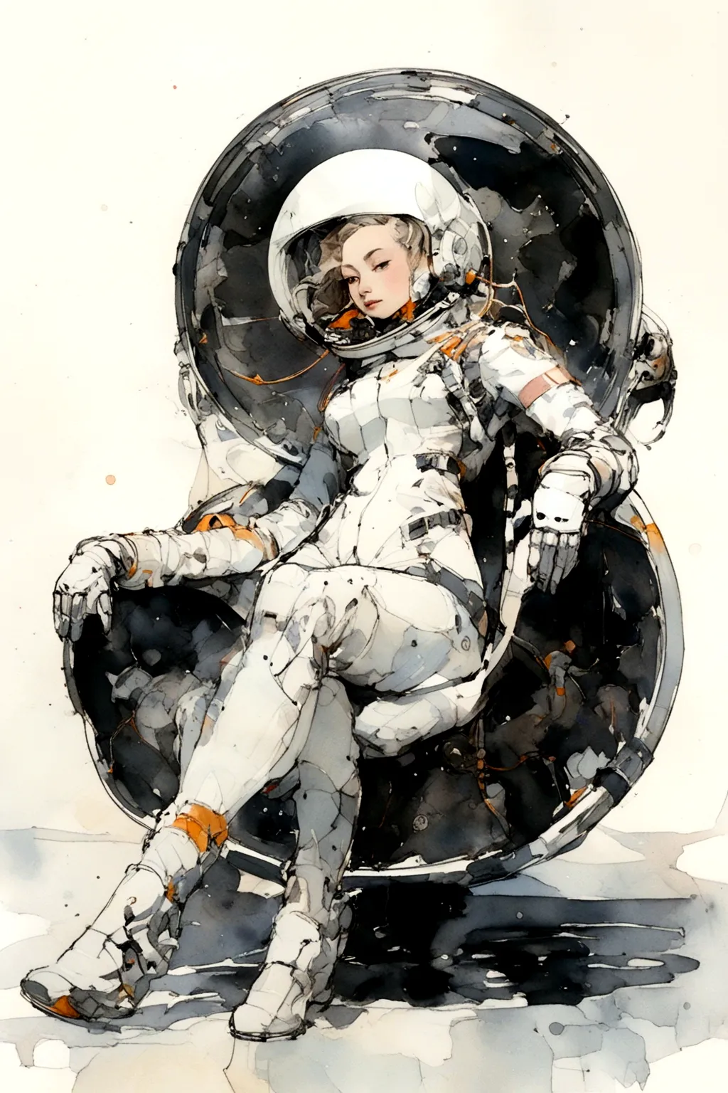 (Masterpiece: 1.2, Highest Quality), One Girl,, Change, Slim, Classic spacesuit, (, Bottomless, Naked Pussy),Astronaut, Sitting ...