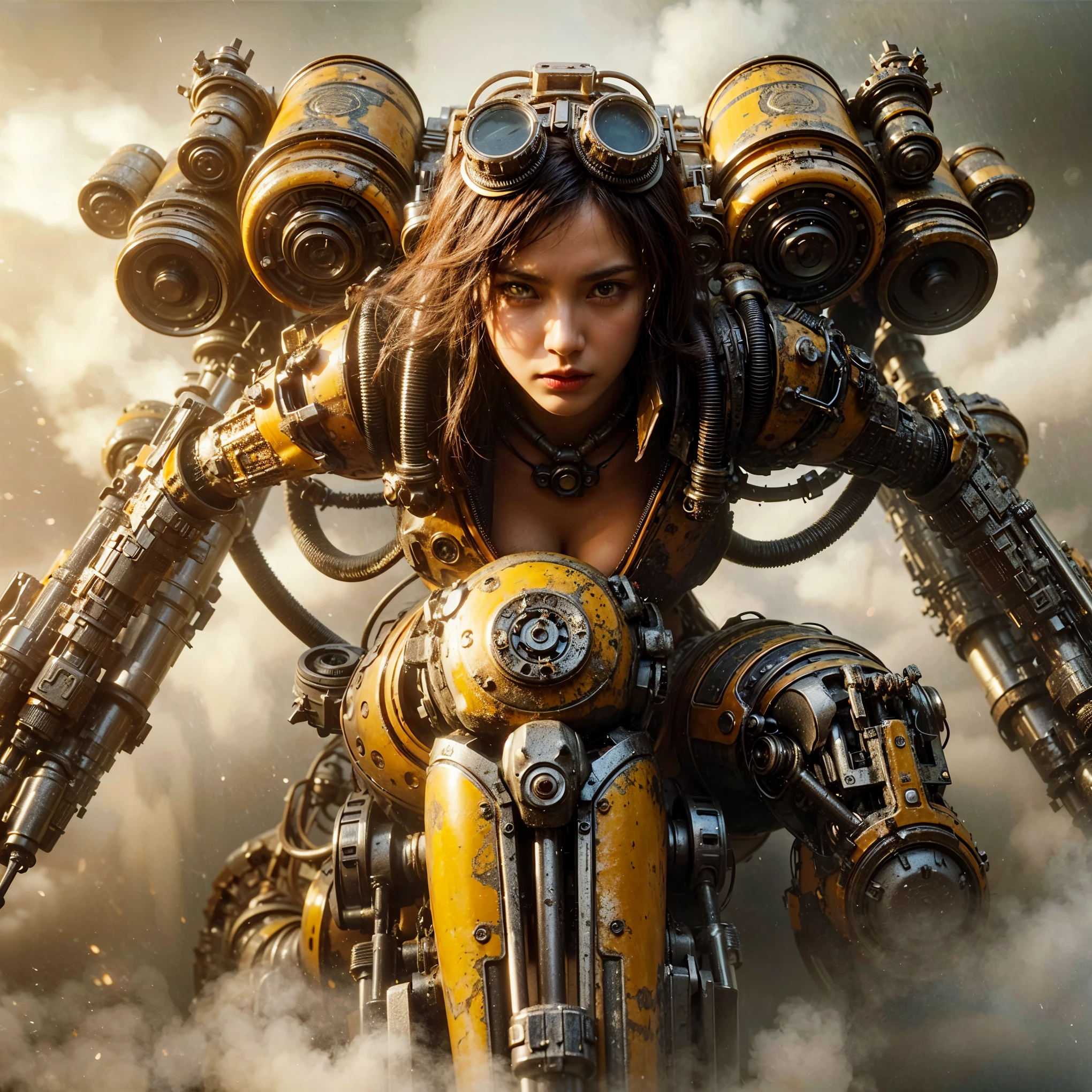 ultra high res,8k,(Photorealsitic:1.4), (Lobster-like mechanical suit:1.2), designed by Hajime Katoki,heavy weapons,vivid textures,animal legs, gradation hair, japanese female soldier,(ultra beautiful face),((super realistic all textures)), ((super intricate all details)), full body shot, ultra sharp photo result, Acrylic Clear Cover, Hydraulic cylinder, style, taken with Fuji film X-T30+Nokton. HDR10,Minimum of 4 pieces created