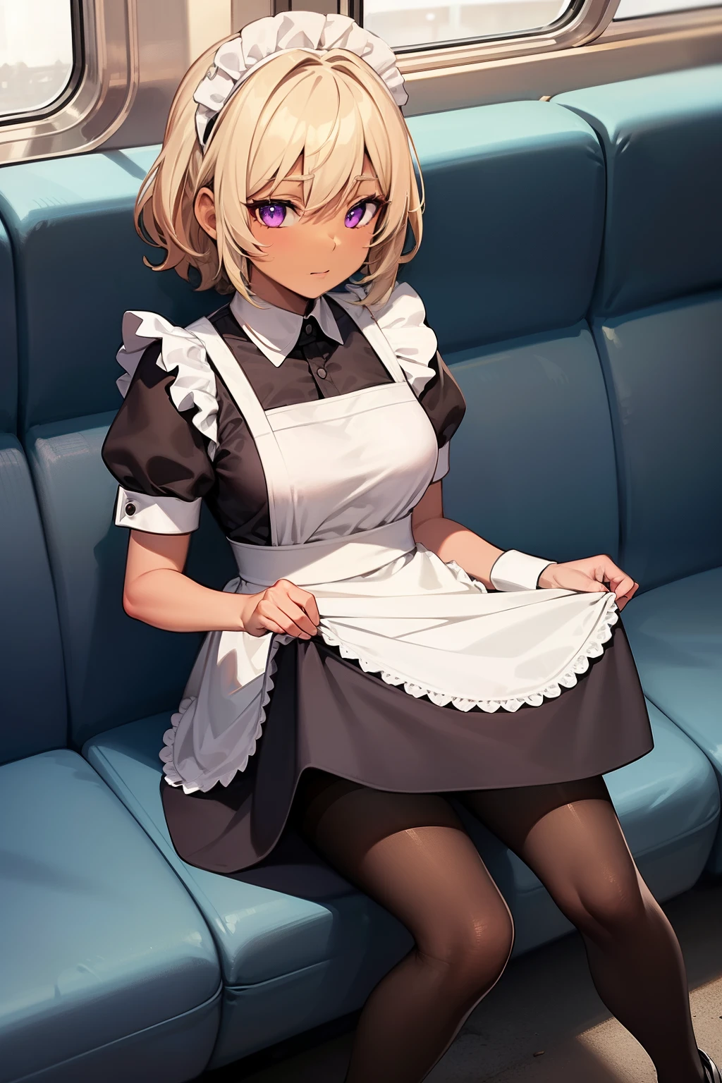 (Tabletop, highest quality, Super detailed), One Girl, Purple eyes, Blonde Hair, Dark Skin, Short Hair、Perm Hair、((pantyhose))、(on the train)、((Maid clothes))、sit、Long skirt