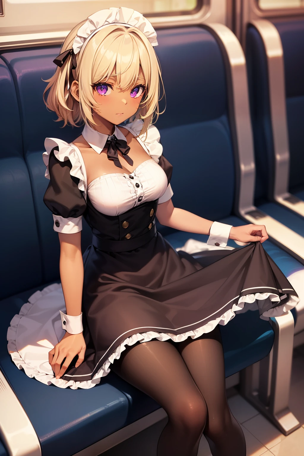 (Tabletop, highest quality, Super detailed), One Girl, Purple eyes, Blonde Hair, Dark Skin, Short Hair、Perm Hair、((pantyhose))、(on the train)、((Maid clothes))、sit、Long skirt