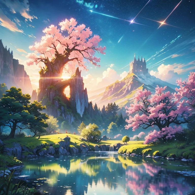 flower園,flower畑,Surreal illustration , Otherworldly, Ultra-aerial scene featuring the entire body of a giant crystal tree,Highly detailed and magical lighting, Intricate forest details, Surrounding vegetation and river, Solarpunk ,landscape, Giant Tree, Beautiful foliage with beautiful lighting and realistic proportions, Like a movie background, 8k, highest quality, masterpiece, 空のcloudと星.baptism,Baptism,Garden of Eden,Colorful,夢のようなlandscape, cloud, light piercing through the cloud, Reflection on the surface of the water, Gentle waterfall,flower々, flower ,Quiet atmosphere, Richness in details, Surreal beauty, Magical Aura, ファンタジーlandscape, High quality digital art, Vibrant colors, Fantastic lighting, Enchanting atmosphere, Artistic Expression, Otherworldly feeling, Beautiful brushwork, Magnificent View, Peaceful tranquility, Immersive Experience, Breathtaking views, Picturesque views, Mysterious charm, Mysterious atmosphere, Nuances, A magical dream. There are no people, Nobody is here

