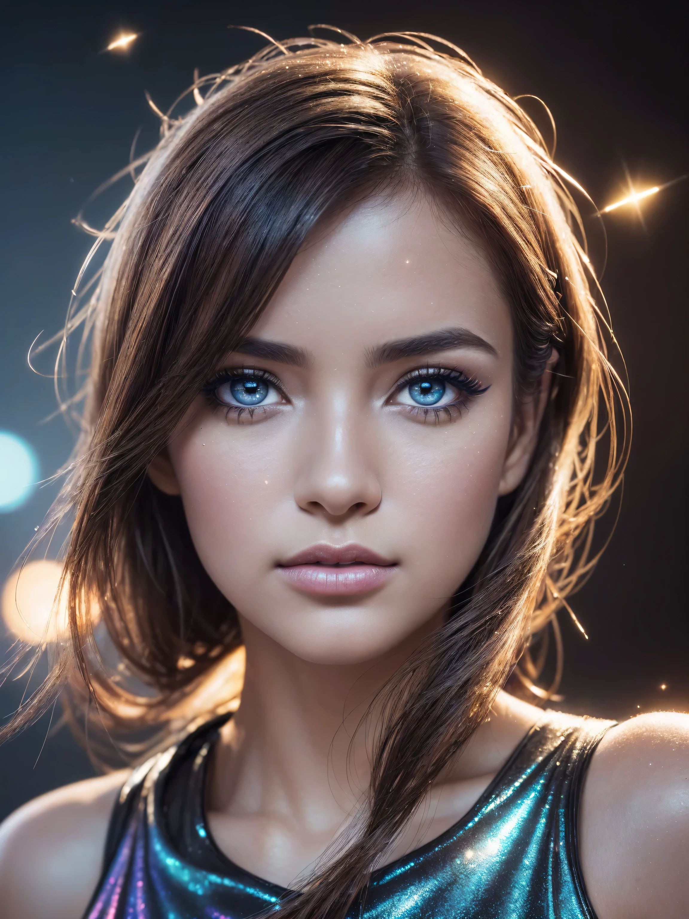 Realismo fotorrealista Calidad 16K, Los maquilladores hacen maquillaje para celebridades.:1.2), mejor calidad, obra maestra, alta resolución, original, fondo de pantalla extremadamente detallado, iluminación perfecta,(CGI extremadamente detallado:1.2), Chica del rayo, Mono entallado con los colores del arcoíris., Imagen mística, Los rayos vuelan por todos lados, magia, (Ultra high resolution calidad absurda, Detalles extremadamente detallados, Ojos realistas, claramente nítido, calidad absurda, sin desenfoque marrón perfecto_eyes:1.3), ((grano de la película, bokeh, partículas de luz ,polvo, ángulo de cámara extremo))