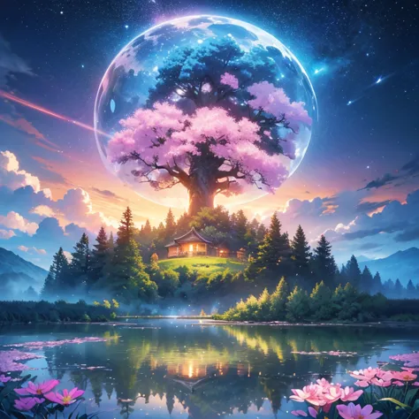 flower園,flower畑,surreal illustration , otherworldly, ultra-aerial scene featuring the entire body of a giant crystal tree,highly...