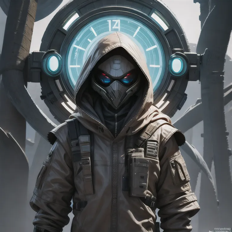 a close up of a person in a hoodedie standing in front of a clock, techwear occultist, dystopian sci-fi character, epic scifi ch...