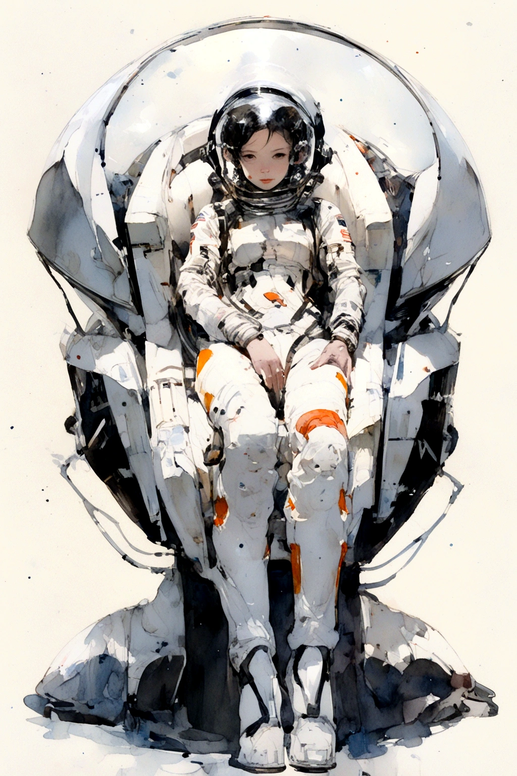 (Masterpiece: 1.2, Highest Quality), One Girl,, Change, Slim, Classic spacesuit, (, Bottomless, Naked Pussy),Astronaut, Sitting in Black Chair, Spreading Legs, Serious, Spaceship, Futuristic, Science Fiction, Space Age Design, Anime Minimalist, Watercolor, Influenced by Bauhaus 