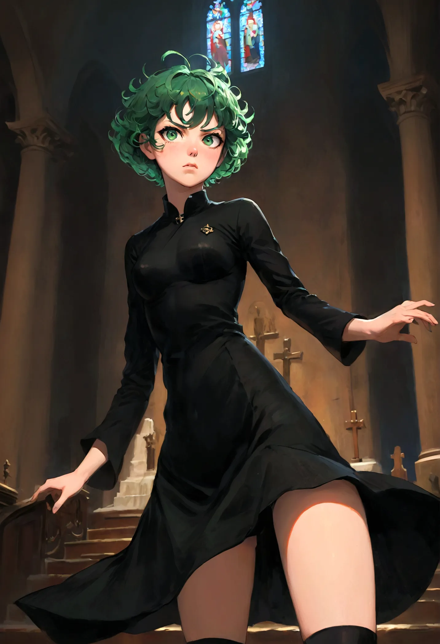 1girl, tatsumaki, green hair, green eyes, black dress, short hair, curly hair, (disgusted face, disgusted look), looking at view...