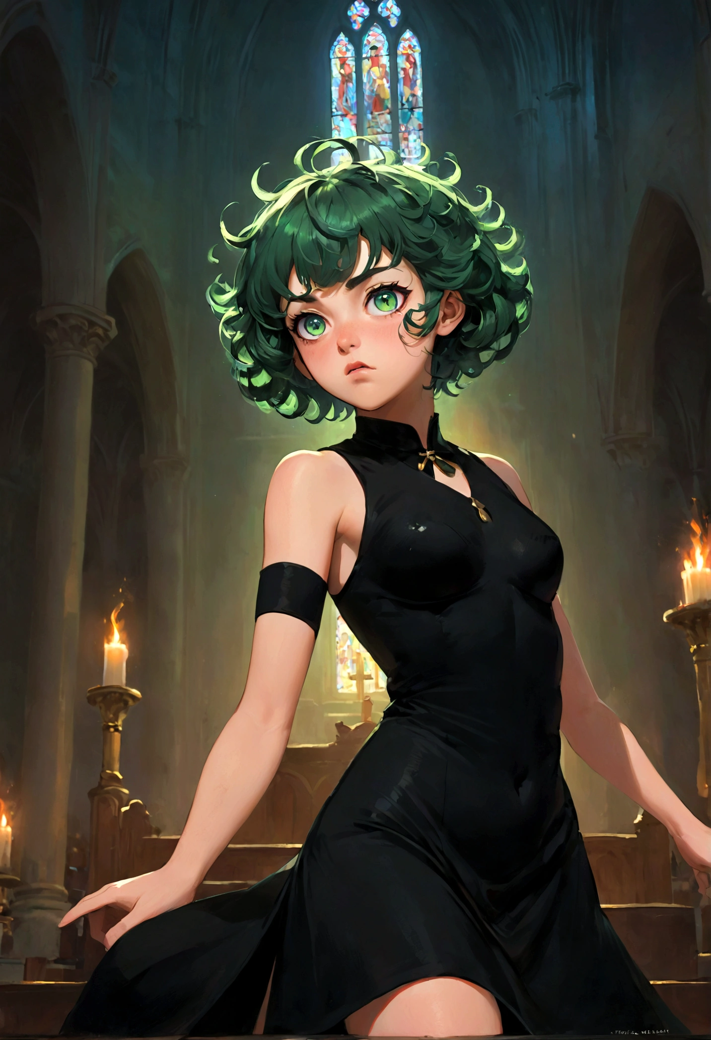 1girl, tatsumaki, green hair, green eyes, black dress, short hair, curly hair, (Disgusted face, Disgusted Look), looking at viewer, contempt, frown, church, dramatic composition, cinematic dynamic action scene, vibrant colors, cinematic lighting, dramatic lighting, best quality, masterpiece, very aesthetic, perfect composition, intricate details, ultra-detailed