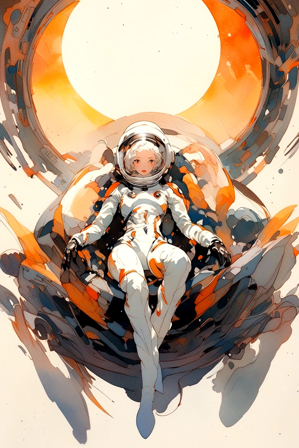 (Masterpiece: 1.2, Highest Quality), One Girl,, Change, Slim, Classic spacesuit, (, Bottomless, Naked Pussy),Astronaut, Sitting in Black Chair, Spreading Legs, Serious, Spaceship, Futuristic, Science Fiction, Space Age Design, Anime Minimalist, Watercolor, Influenced by Bauhaus 、Clothes in which the nipples are visible   