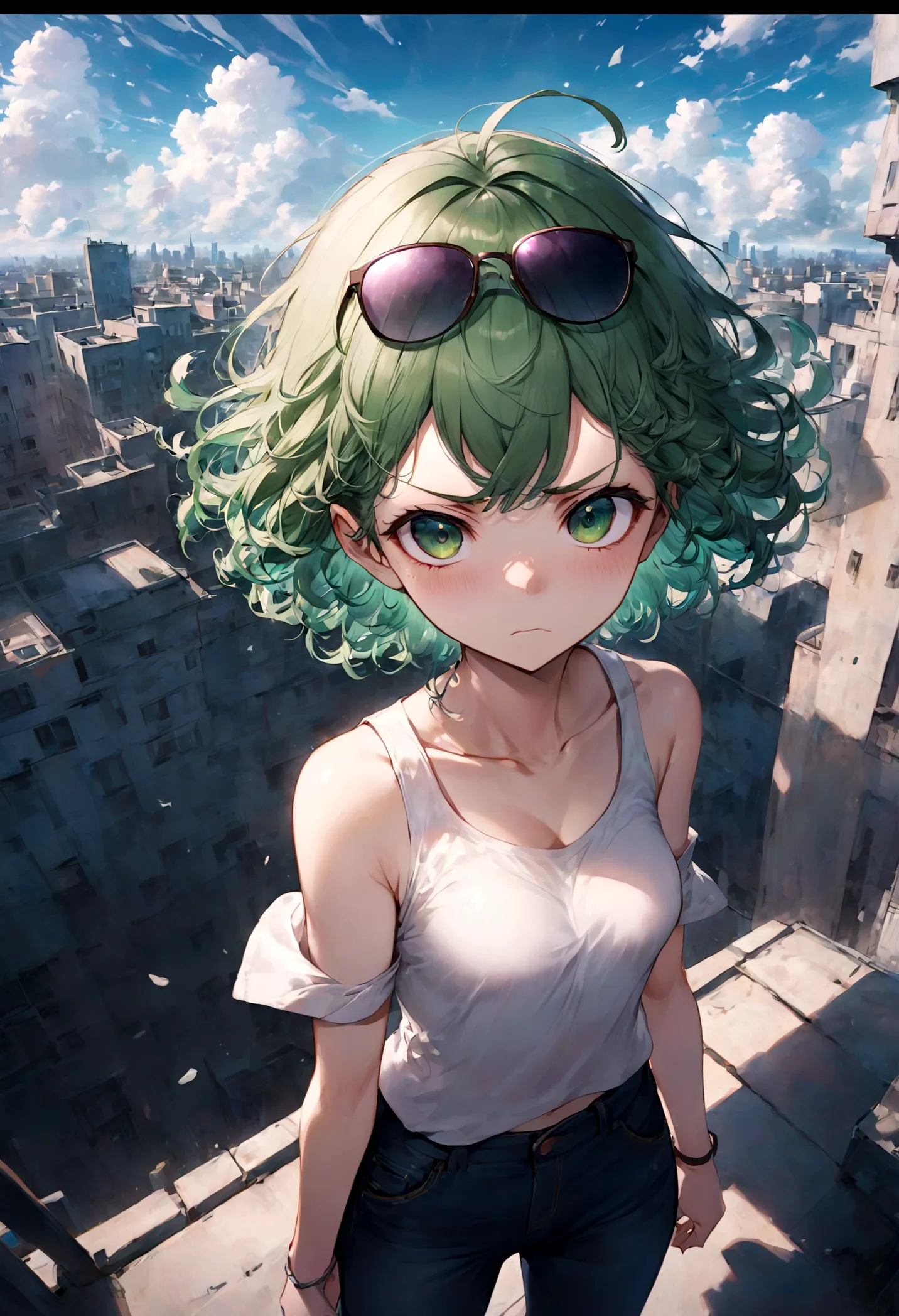 1girl, tatsumaki, green hair, green eyes, short hair, curly hair, white tank top, jeans, eyewear on head, (disgusted face, disgu...