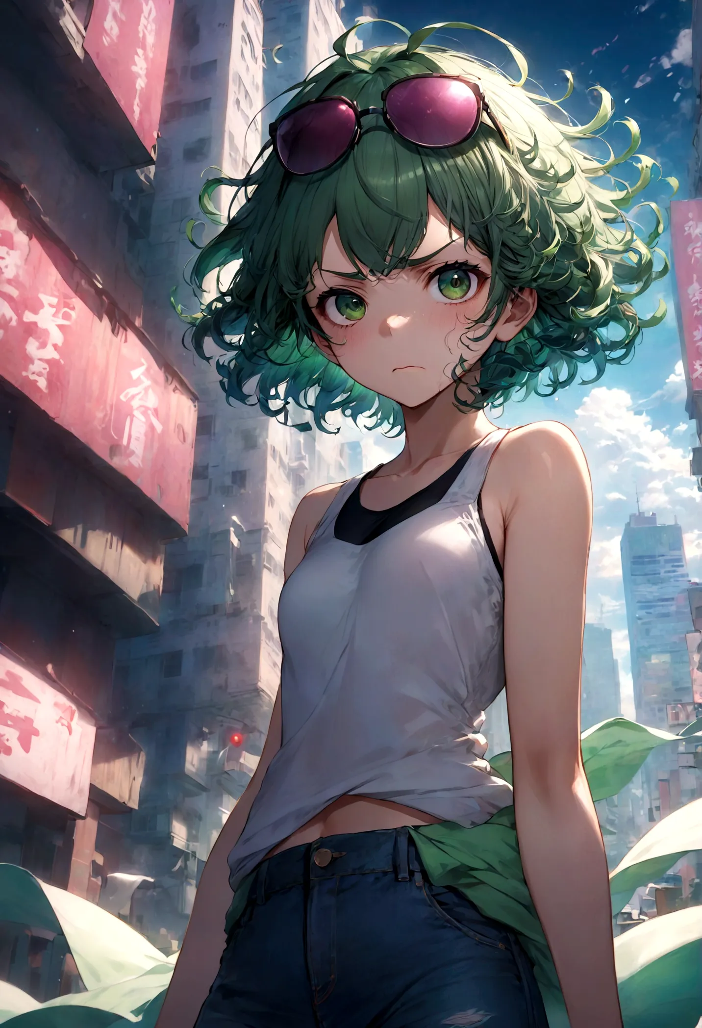 1girl, tatsumaki, green hair, green eyes, short hair, curly hair, white tank top, jeans, eyewear on head, (disgusted face, disgu...