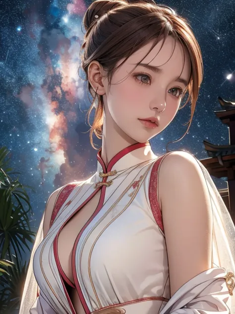 Highest quality, Masterpiece level, Ultra high resolution, Realism, Fantasy Theme, arms, Facial details, girl, One-off, Hair Bun...