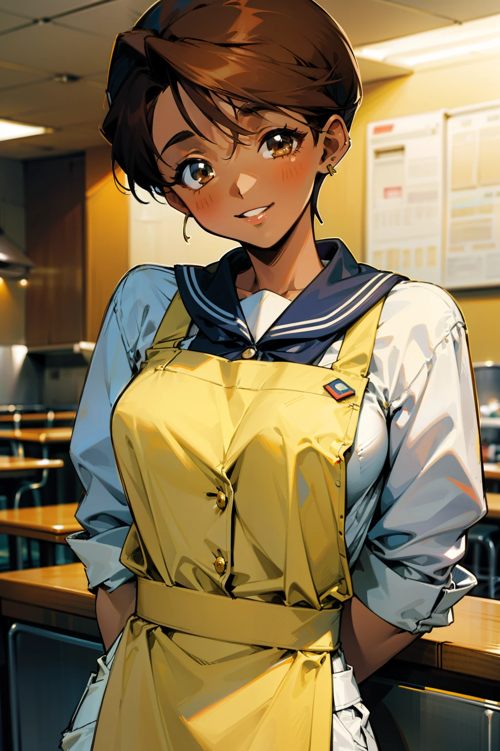 ,(Masterpiece), Best Quality, ultra-detailed, MIZUKITO, TAN, EARRINGS, head scarf, white shirts(buttons), apron, white pants , , slender and sexy body, 1girl, solo,facing viewer, looking  at viewer,head tilt, smile, parted lips,night time, school, in the a restaurant kitchen , standing, 