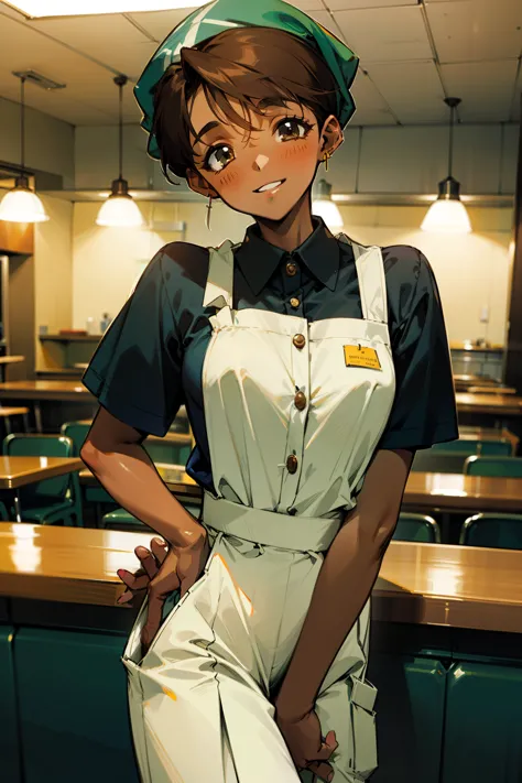 ,(Masterpiece), Best Quality, ultra-detailed, MIZUKITO, TAN, EARRINGS, head scarf, white shirts(buttons), apron, white pants , ,...