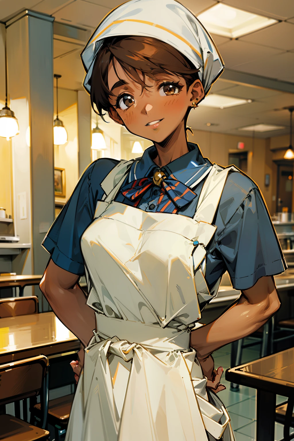 ,(Masterpiece), Best Quality, ultra-detailed, MIZUKITO, TAN, EARRINGS, head scarf, white y shirts(buttons), white apron, white pants , , slender and sexy body, 1girl, solo,facing viewer, looking  at viewer,head tilt, smile, parted lips,night time, school, in the a restaurant kitchen , standing, 