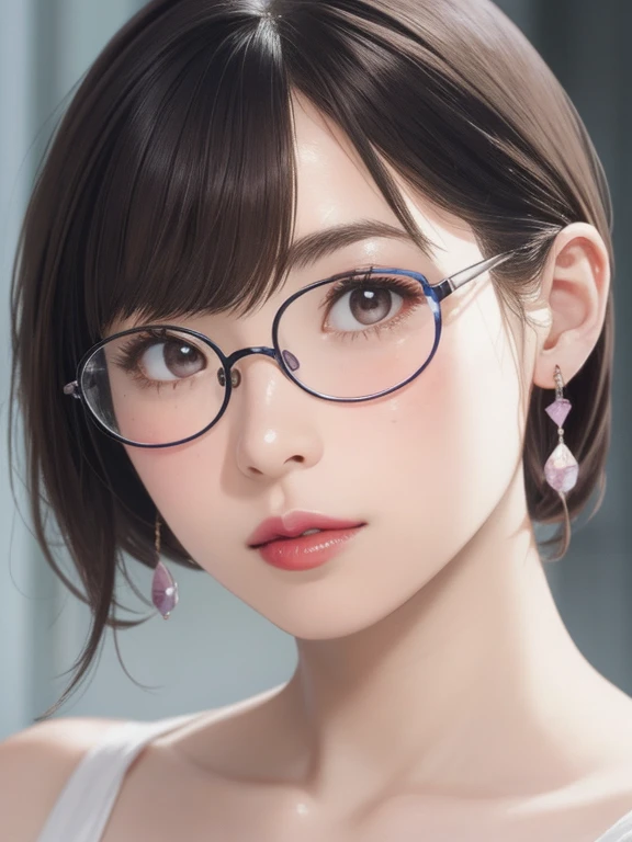 A girl with slightly curled hair, rimless glasses, a small freckle below the corner of her mouth, wearing lavender earrings, with her mouth slightly closed, red lips, surrealism, high detail, strong chiaroscuro, film grain, panoramic, super high resolution, precise, pore-level skin