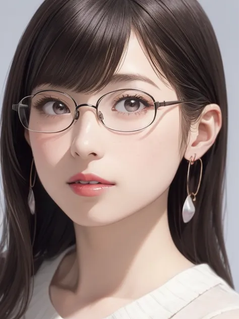 A girl with slightly curled hair, rimless glasses, a small freckle below the corner of her mouth, wearing lavender earrings, wit...