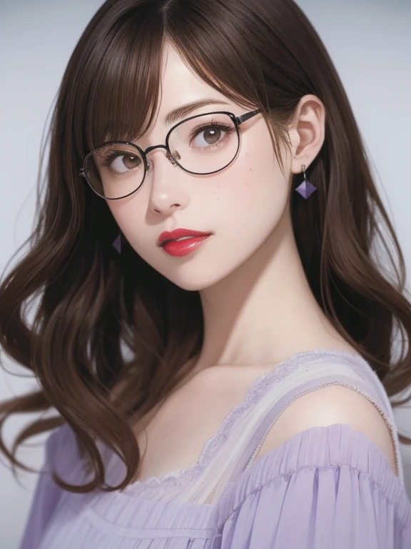 A girl with slightly curled hair, rimless glasses, a small freckle below the corner of her mouth, wearing lavender earrings, with her mouth slightly closed, red lips, surrealism, high detail, strong chiaroscuro, film grain, panoramic, super high resolution, precise, pore-level skin