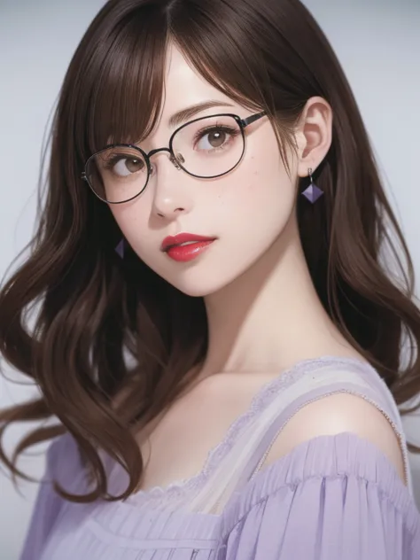 A girl with slightly curled hair, rimless glasses, a small freckle below the corner of her mouth, wearing lavender earrings, wit...