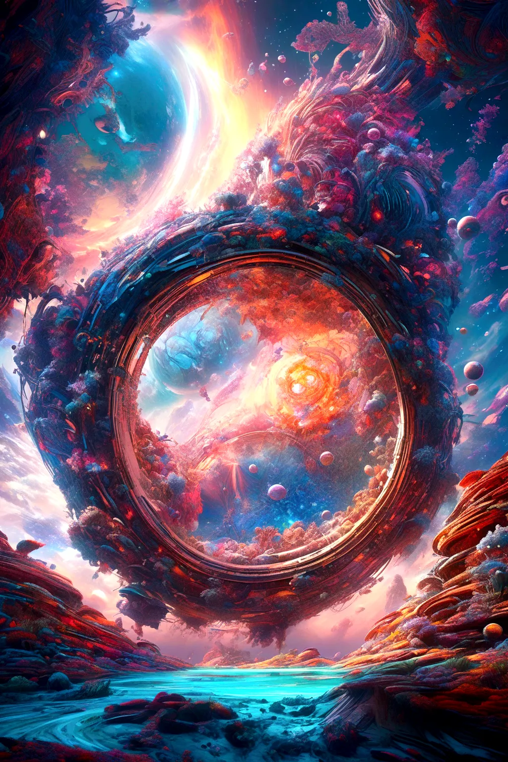 a highly detailed, cinematic illustration of a vast, otherworldly alien planet, enveloped in swirling cosmic winds, dramatic lig...