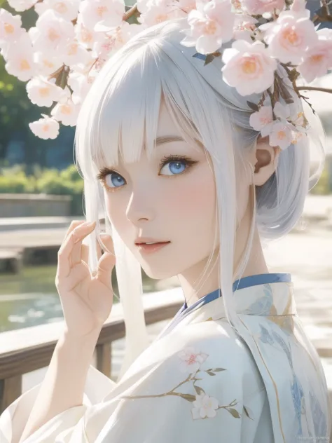 二次元young girl in a traditional ancient chinese garden, white hair, wearing hanfu robe, sitting on a bench by a pond with bloomin...