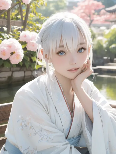 二次元young girl in a traditional ancient chinese garden, white hair, wearing hanfu robe, sitting on a bench by a pond with bloomin...