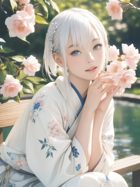 二次元young girl in a traditional ancient chinese garden, white hair, wearing hanfu robe, sitting on a bench by a pond with bloomin...