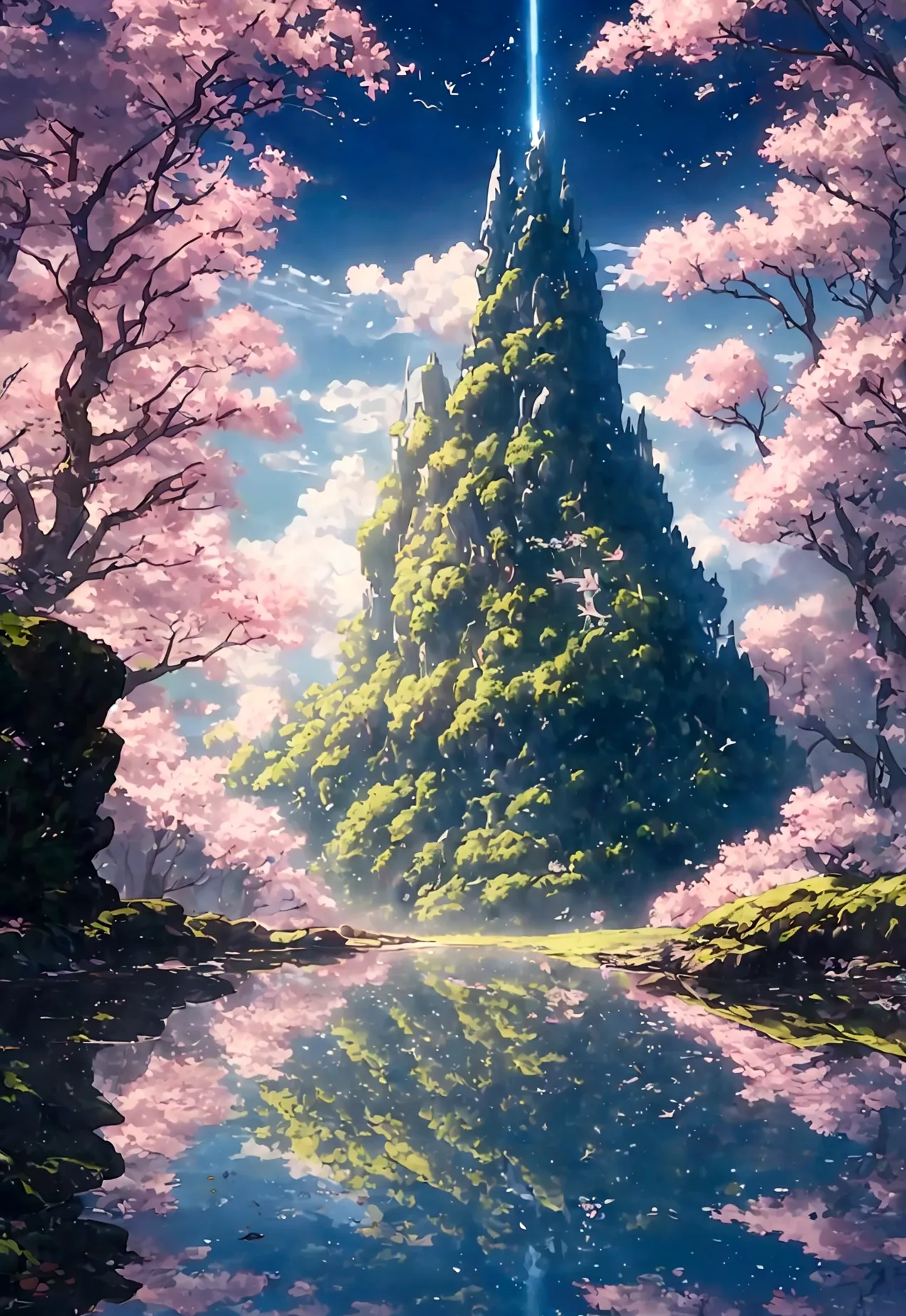 flower園,flower畑,surreal illustration , otherworldly, ultra-aerial scene featuring the entire body of a giant crystal tree,highly...