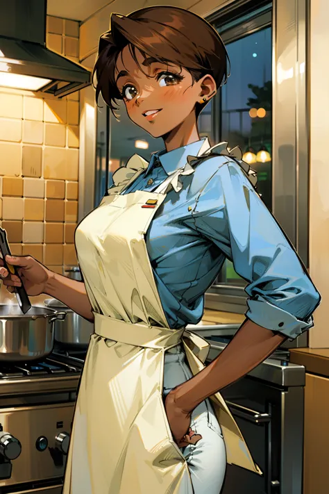 ,(Masterpiece), Best Quality, ultra-detailed, MIZUKITO, TAN, EARRINGS, head scarf, white y shirts(buttons), white apron, white p...