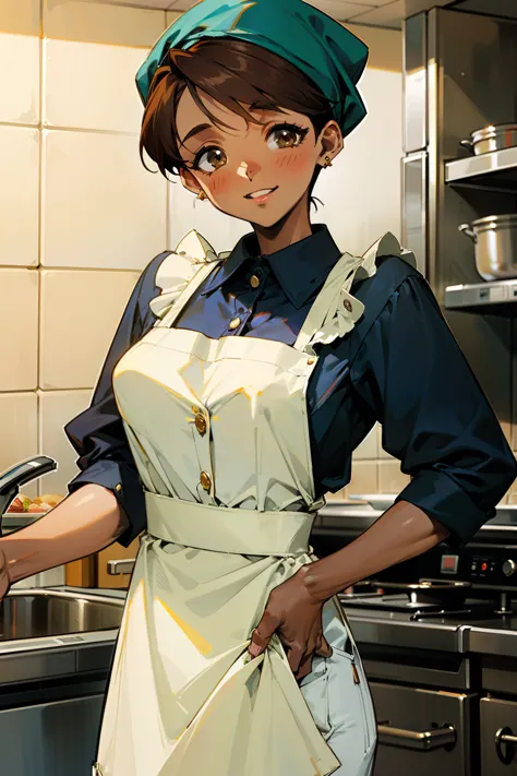 ,(Masterpiece), Best Quality, ultra-detailed, MIZUKITO, TAN, EARRINGS, head scarf, white y shirts(buttons), white apron, white p...