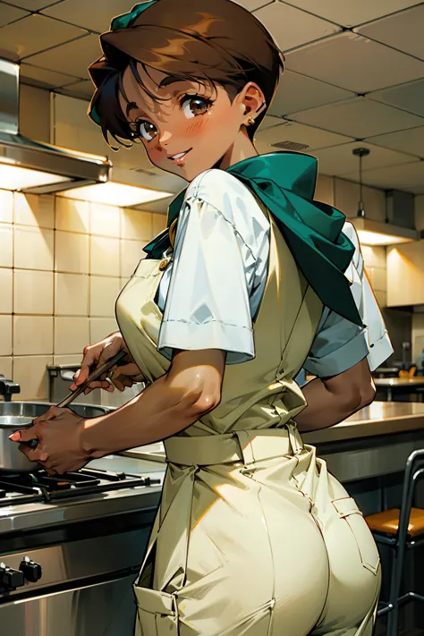 ,(Masterpiece), Best Quality, ultra-detailed, MIZUKITO, TAN, EARRINGS, head scarf, white y shirts(buttons), white apron, white p...