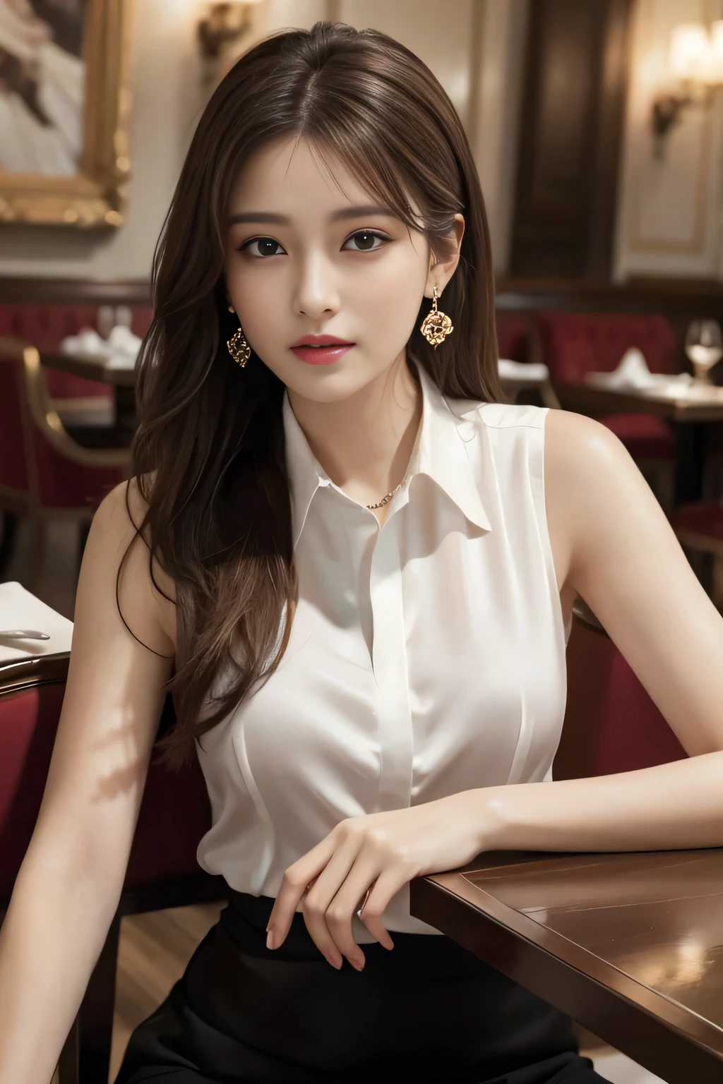 masterpiece, highest quality, Realistic, Very detailed, Finer details, High resolution, 8k wallpaper, One beautiful woman, Wear an elegant white silk shirt, In a great restaurant, At night, Light brown messy hair, Perfect dynamic composition, Beautiful and beautiful eyes、Big earrings、Sitting in a chair、Sleeveless shirt、