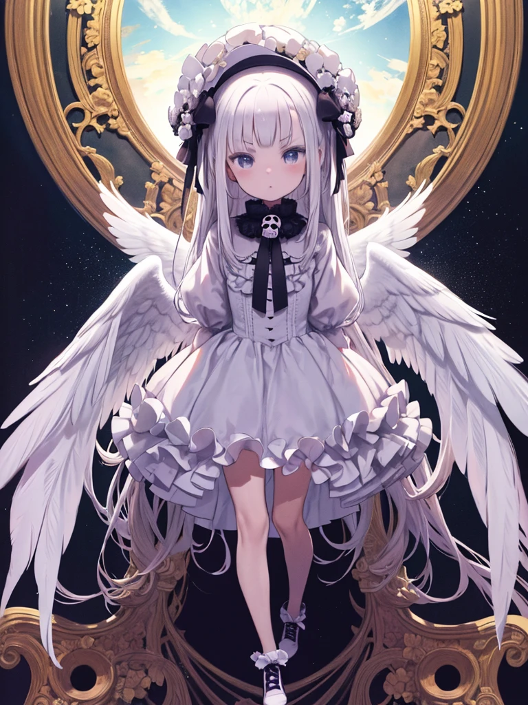 (masterpiece, Absurd quality, highest quality, Official Art, beautifully、aesthetic:1.2), (One little girl:1.4), Very detailed, (Fractal Art:1.3), colorful, Most detailed, Bright colors, From above, Angel, albino, Baby Face, Hugging the skull, Dark Light, Fluffy white ruffled dress, White lace up short boots, fluffy Angel wings, Pure white long hair, beautifully精巧な赤い目, Glaring at the viewer, Lots of skulls,