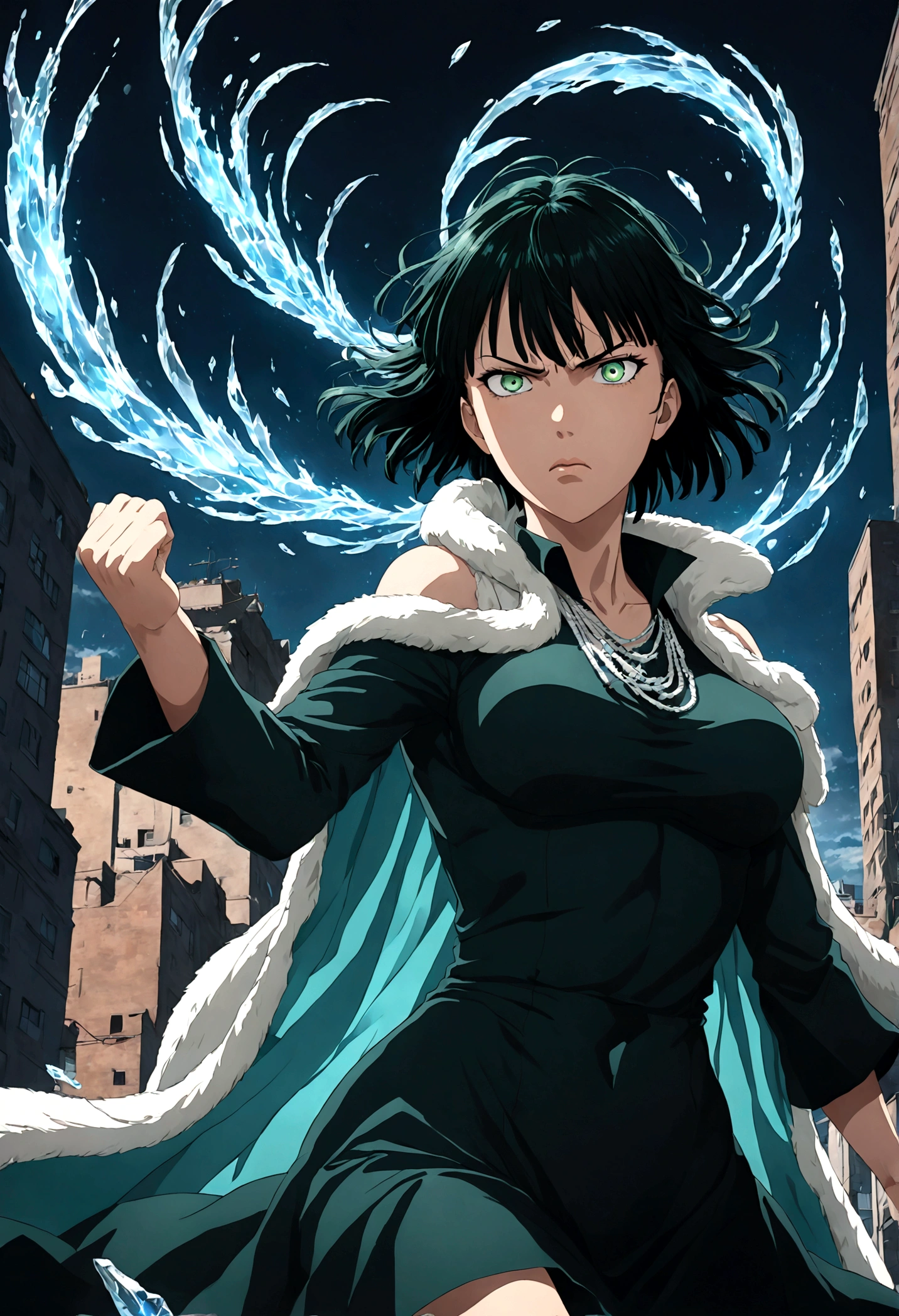 1girl, fubuki, black hair, green eyes, short hair, black dress, fur coat, high collar, jewelry, necklace, off shoulder, taut clothes, taut dress, (disgust, Disgusted face, Disgusted Look, frown), contempt, outdoors, cityscape, magic, fighting stance, ice, ice magic, looking at viewer, from below, close up, glowing eye, dutch angle, cowboy shot, anime screenshot, source_anime, Fubuki_(One-Punch_Man), dramatic composition, cinematic dynamic action scene, vibrant colors, cinematic lighting, dramatic lighting, best quality, masterpiece, very aesthetic, perfect composition, intricate details, ultra-detailed