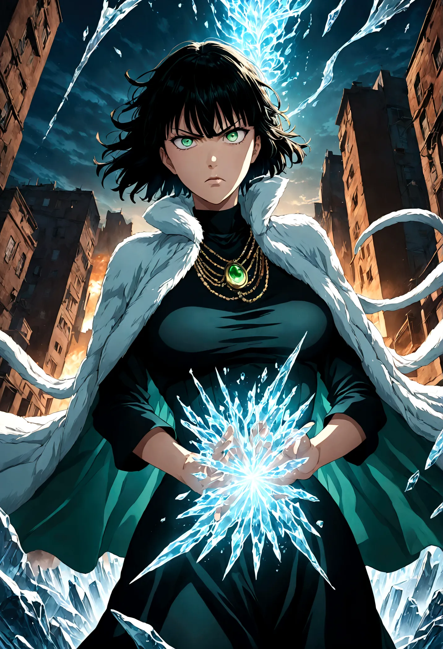 1girl, fubuki, black hair, green eyes, short hair, black dress, fur coat, high collar, jewelry, necklace, off shoulder, taut clo...