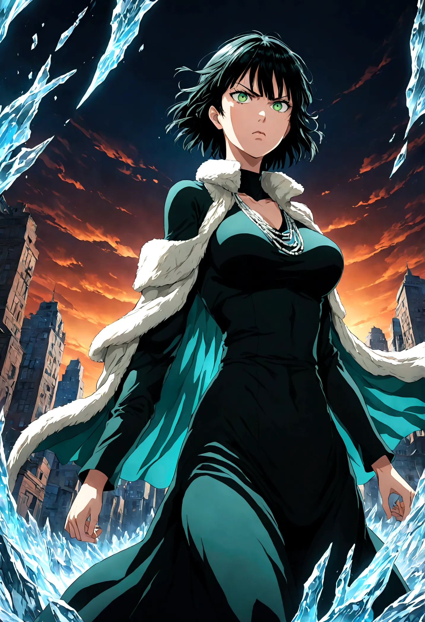 1girl, fubuki, black hair, green eyes, short hair, black dress, fur coat, high collar, jewelry, necklace, off shoulder, taut clo...