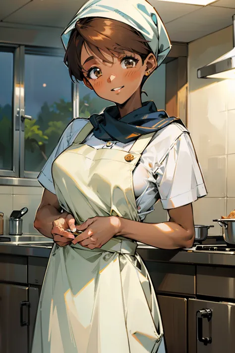 ,(Masterpiece), Best Quality, ultra-detailed, MIZUKITO, TAN, EARRINGS, head scarf, white y shirts(buttons), white apron, white p...