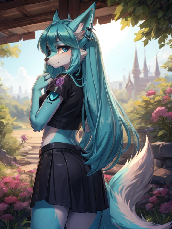 Chica anime, anime style, cute hatsune miku x suicune, shy girl , Orejas de Kitsune, arte de dark natasha, garden landscape, arte de vixen aztra, cuerpo completo, platas hermosas, cintura delgado, caderas amplias, piernas torneadas, hermosa, foto de cuerpo completo, navel blouse, black skirt, navel piercing, ear piercing, navel tattoo, timid pose, back pose, doggy style back pose, fluffly tail, sensual eyes, long hair 