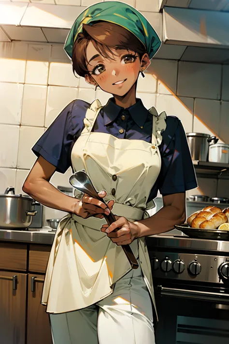 ,(Masterpiece), Best Quality, ultra-detailed, MIZUKITO, TAN, EARRINGS, head scarf, white y shirts(buttons), white apron, white p...