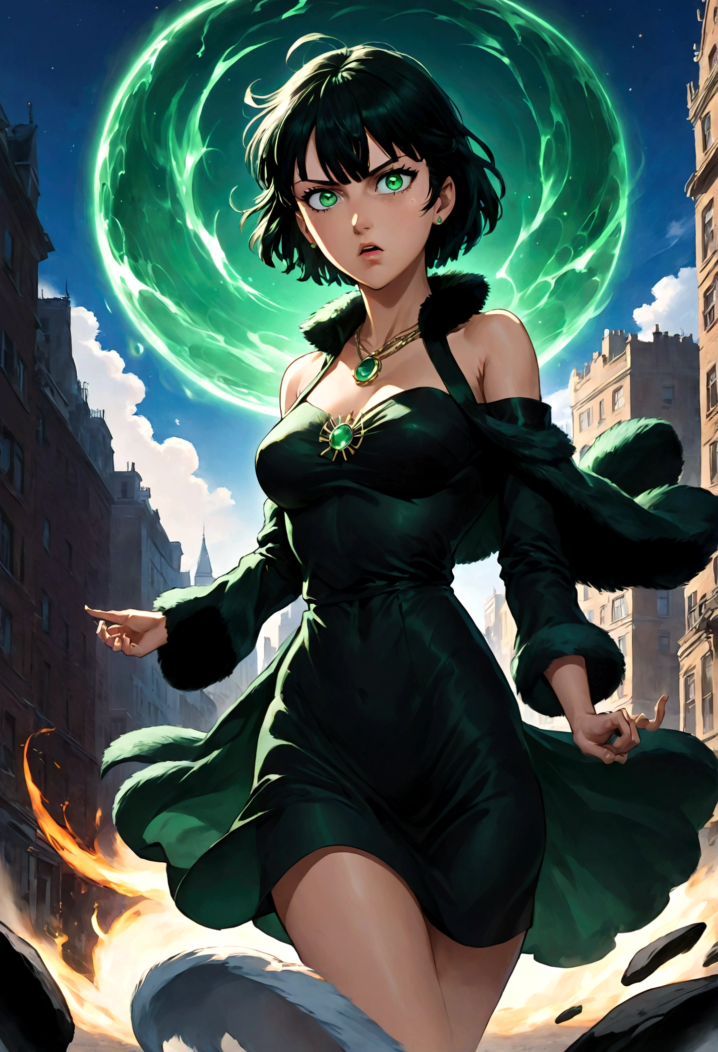 1girl, fubuki, black hair, green eyes, short hair, black dress, fur coat, high collar, jewelry, necklace, off shoulder, taut clothes, taut dress, (disgust, Disgusted face, Disgusted Look, frown), contempt, outdoors, cityscape, magic, magic circle, fighting stance, looking at viewer, from below, close up, glowing eye, dutch angle, cowboy shot, anime screenshot, source_anime, Fubuki_(One-Punch_Man), dramatic composition, cinematic dynamic action scene, vibrant colors, cinematic lighting, dramatic lighting, best quality, masterpiece, very aesthetic, perfect composition, intricate details, ultra-detailed