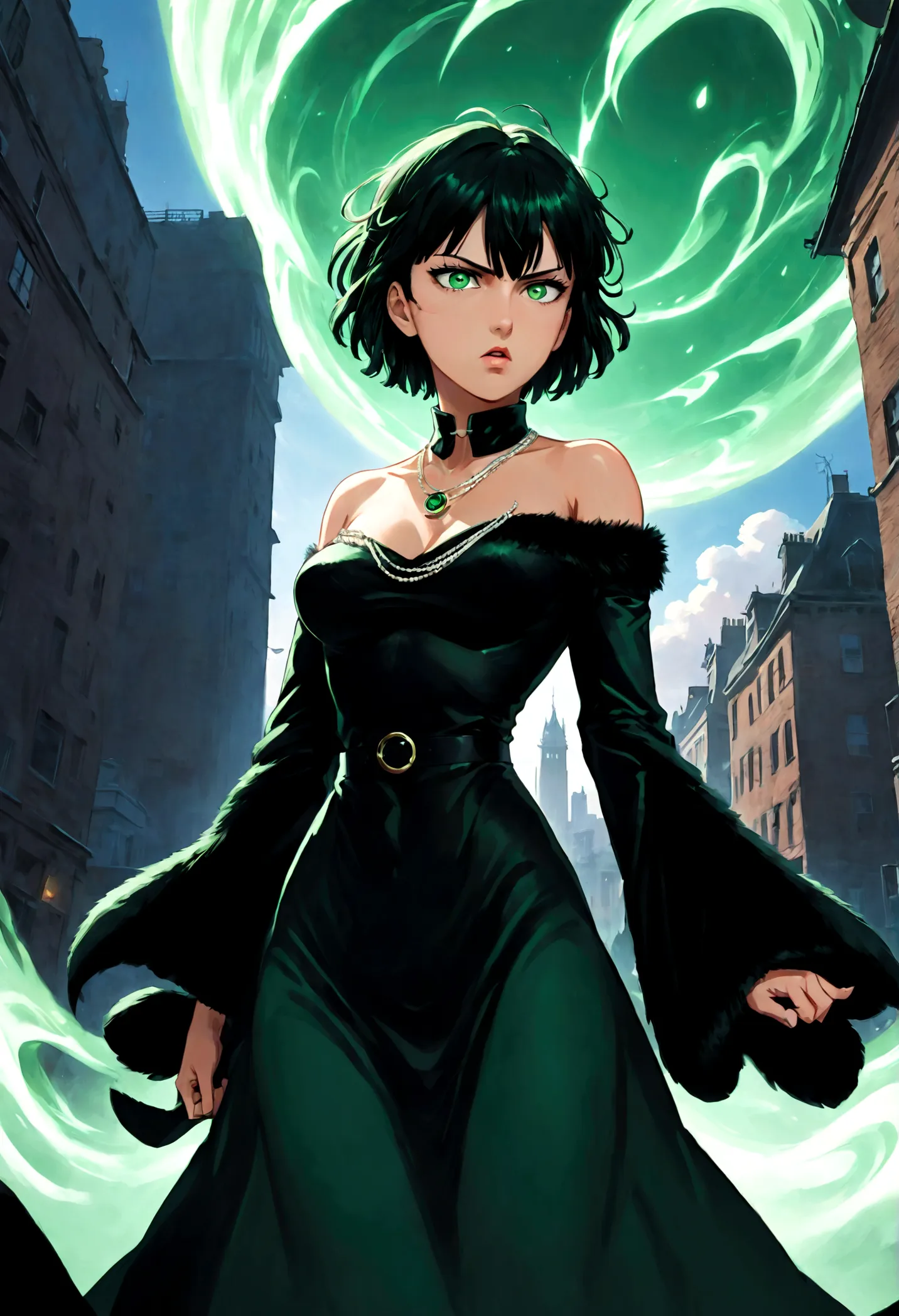 1girl, fubuki, black hair, green eyes, short hair, black dress, fur coat, high collar, jewelry, necklace, off shoulder, taut clo...