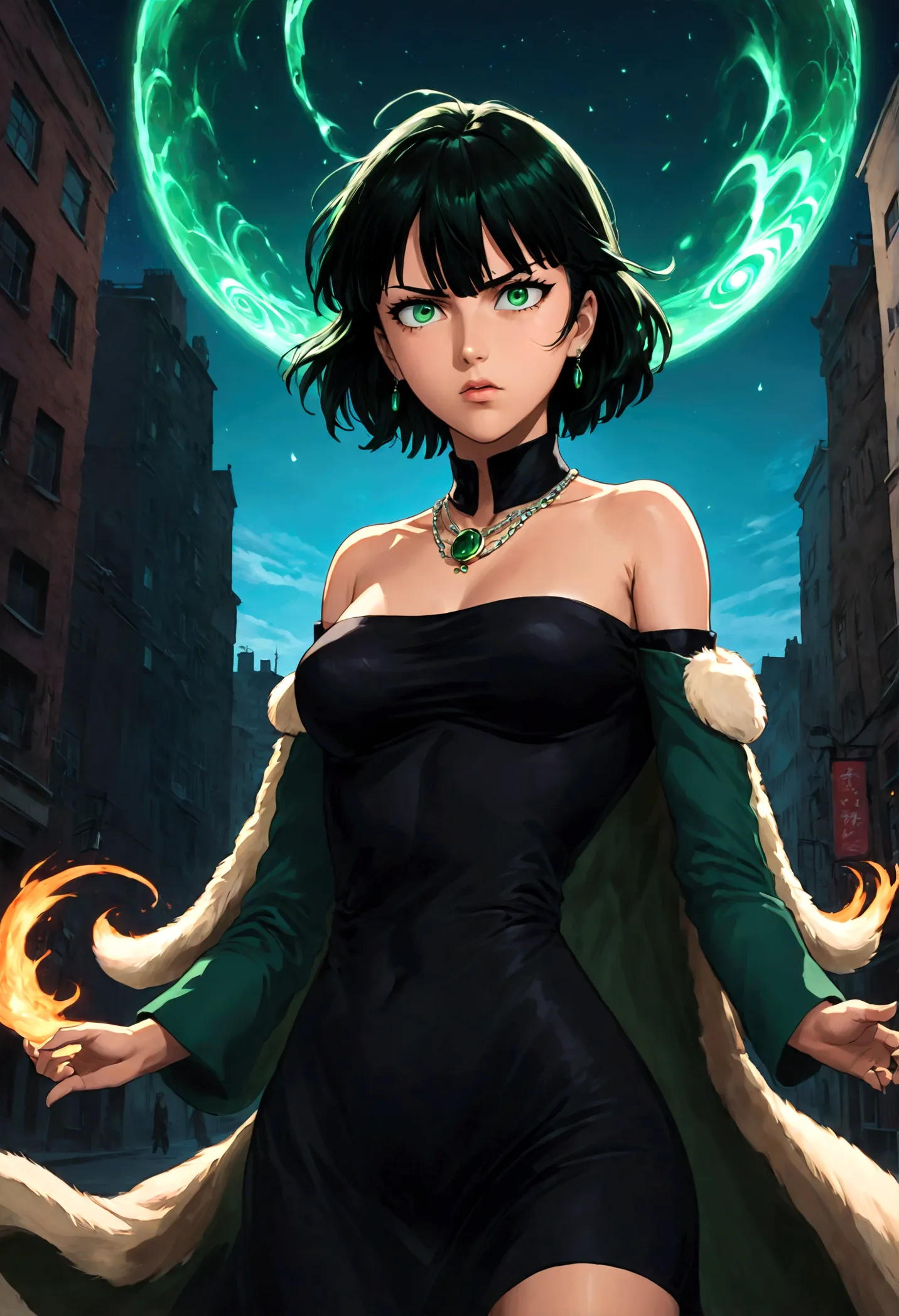 1girl, fubuki, black hair, green eyes, short hair, black dress, fur coat, high collar, jewelry, necklace, off shoulder, taut clo...