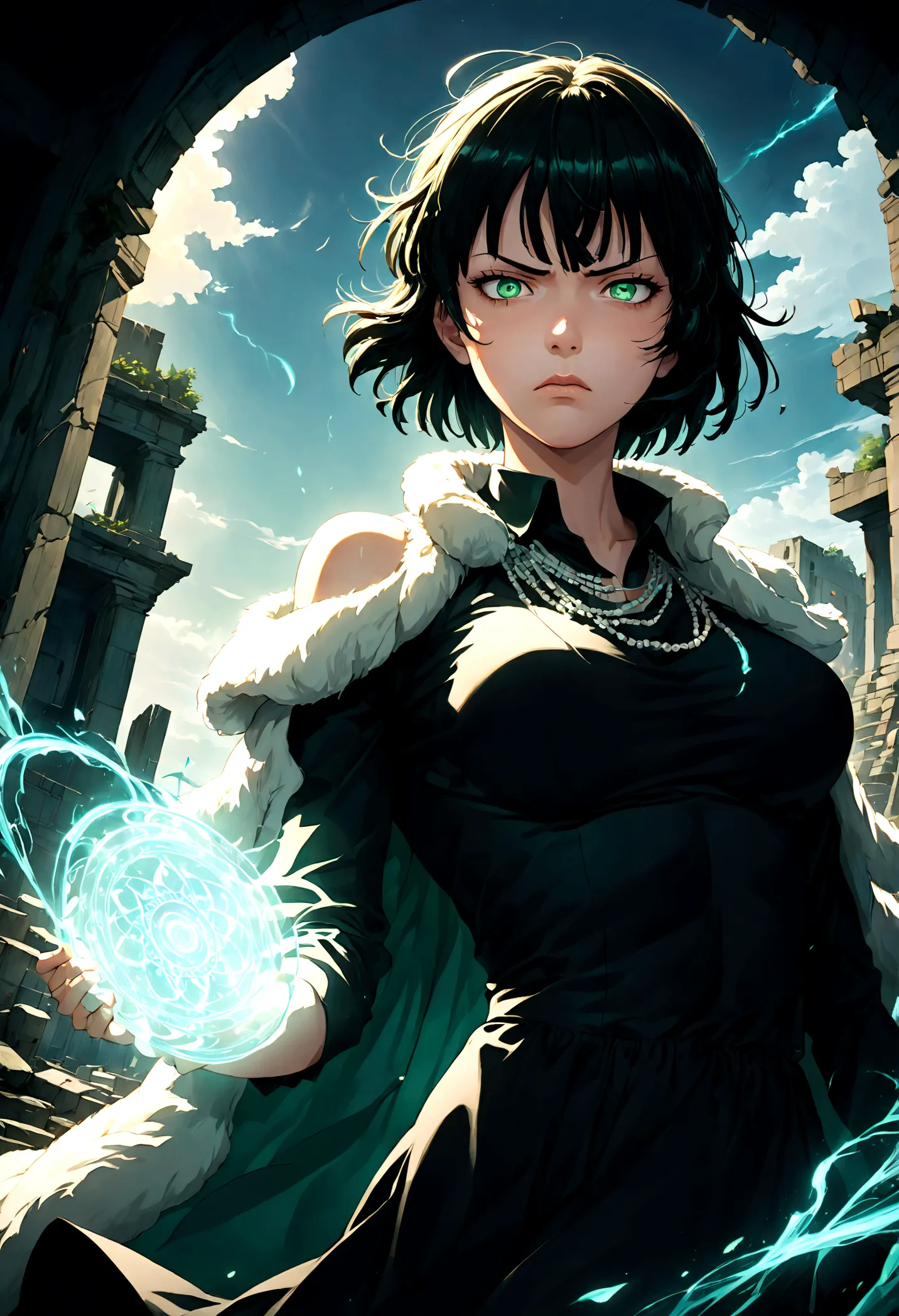 1girl, fubuki, black hair, green eyes, short hair, black dress, fur coat, high collar, jewelry, necklace, off shoulder, taut clo...