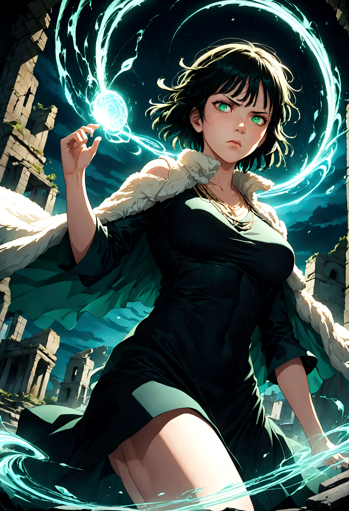 1girl, fubuki, black hair, green eyes, short hair, black dress, fur coat, high collar, jewelry, necklace, off shoulder, taut clothes, taut dress, (disgust, Disgusted face, Disgusted Look, frown), contempt, outdoors, ruins, magic, magic circle, fighting stance, looking at viewer, from below, close up, glowing eye, dutch angle, cowboy shot, anime screenshot, source_anime, Fubuki_(One-Punch_Man), dramatic composition, cinematic dynamic action scene, vibrant colors, cinematic lighting, dramatic lighting, best quality, masterpiece, very aesthetic, perfect composition, intricate details, ultra-detailed