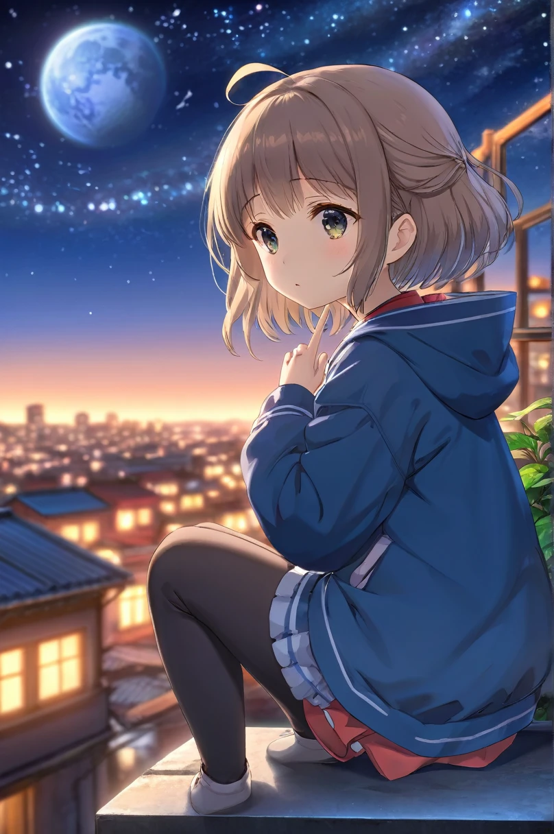 highest quality, masterpiece, Very detailed, Detailed Background, anime, 1 girl, Young girl, Short girl, sf, sf, Outdoor, night, Starry Sky, greenhouse, giant structure, Biodome, Wind景, scenery, horizon, rooftop, sitting on rooftop, Wind, avert your eyes, Atmospheric lighting, Focus Only, close, From the side, Written boundary depth, Bokeh, Shooting from behind, The clothes are tight and the figure is clearly visible, ((Draw your fingers carefully:1.5))