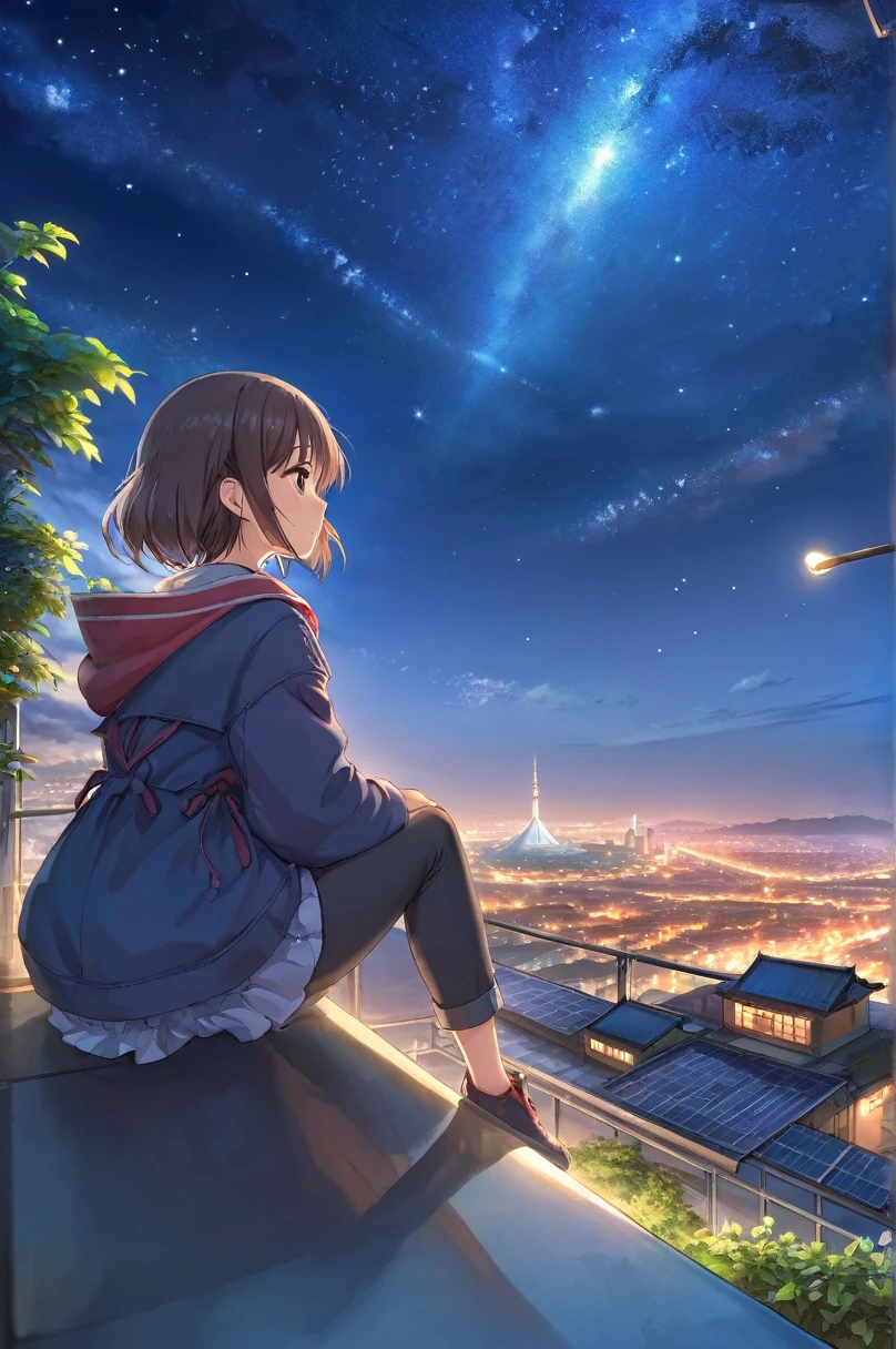 highest quality, masterpiece, Very detailed, Detailed Background, anime, 1 girl, Young girl, Short girl, sf, sf, Outdoor, night, Starry Sky, greenhouse, giant structure, Biodome, Wind景, scenery, horizon, rooftop, sitting on rooftop, Wind, avert your eyes, Atmospheric lighting, Focus Only, close, From the side, Written boundary depth, Bokeh, Shooting from behind, The clothes are tight and the figure is clearly visible, ((Draw your fingers carefully:1.5))