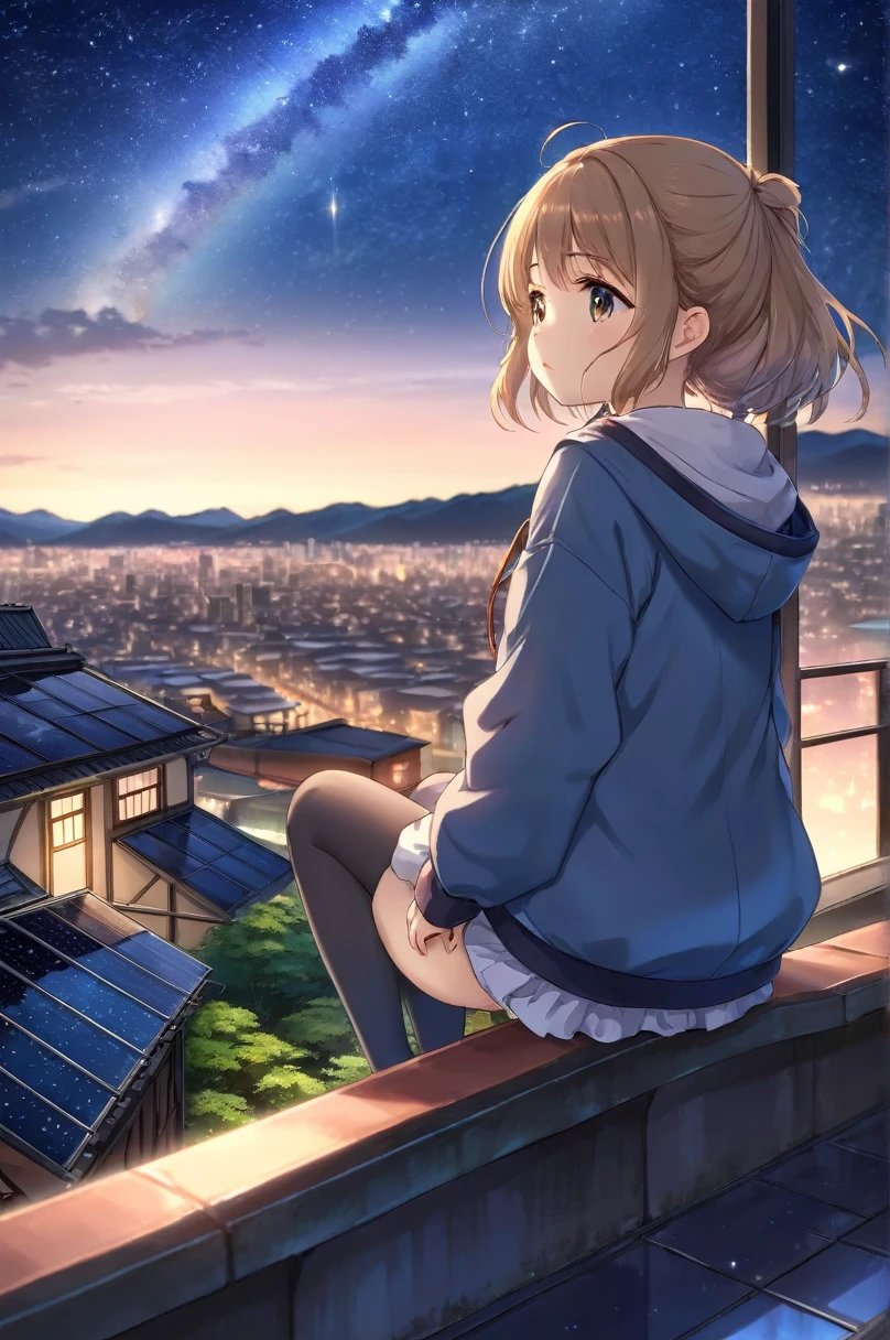 highest quality, masterpiece, Very detailed, Detailed Background, anime, 1 girl, Young girl, Short girl, sf, sf, Outdoor, night, Starry Sky, greenhouse, giant structure, Biodome, Wind景, scenery, horizon, rooftop, sitting on rooftop, Wind, avert your eyes, Atmospheric lighting, Focus Only, close, From the side, Written boundary depth, Bokeh, Shooting from behind, The clothes are tight and the figure is clearly visible, ((Draw your fingers carefully:1.5))