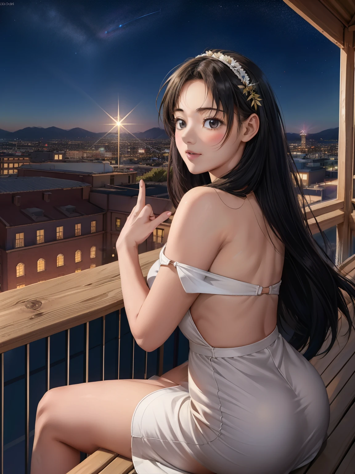 highest quality, masterpiece, Very detailed, Detailed Background, anime, 1 girl, Young girl, Short girl, sf, sf, Outdoor, night, Starry Sky, greenhouse, giant structure, Biodome, Wind景, scenery, horizon, rooftop, sitting on rooftop, Wind, avert your eyes, Atmospheric lighting, Focus Only, close, From the side, Written boundary depth, Bokeh, Shooting from behind, The clothes are tight and the figure is clearly visible, ((Draw your fingers carefully:1.5))
