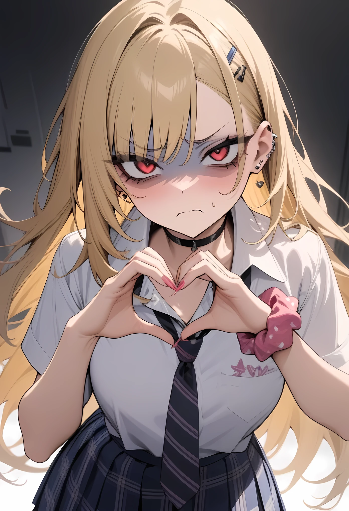 masterpiece, best quality, very aesthetic, absurdres, newest,1girl,upper body, (contempt, disgust,shaded face,looking at viewer,frown),heart-shaped gesture,
Marin Kitagawa, long hair, blonde hair, red eyes, piercing, earrings, ear piercing, stud earrings, black choker, loose necktie,  school uniform, white collared shirt, blue skirt, pleated skirt, plaid skirt, wrist scrunchie, long fingernails, pink nails, nail art,