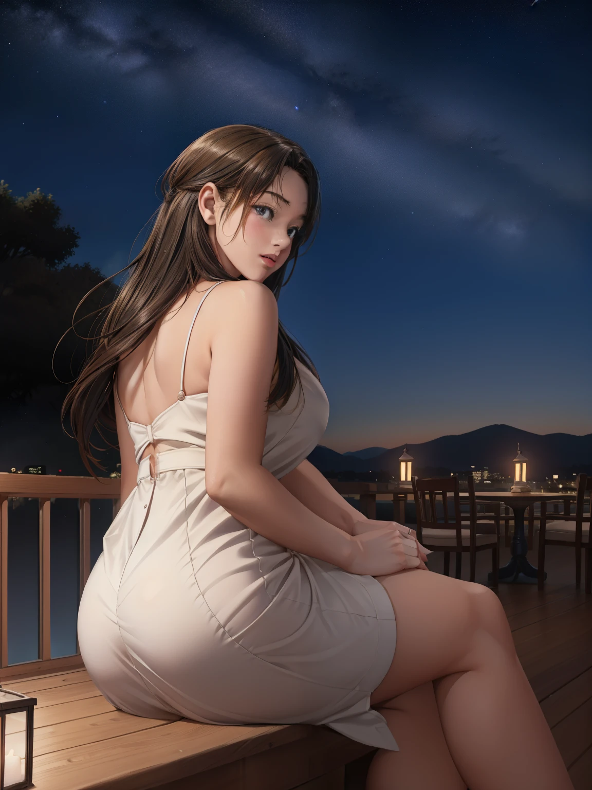 highest quality, masterpiece, Very detailed, Detailed Background, anime, 1 girl, Young girl, Short girl, sf, sf, Outdoor, night, Starry Sky, greenhouse, giant structure, Biodome, Wind景, scenery, horizon, rooftop, sitting on rooftop, Wind, avert your eyes, Atmospheric lighting, Focus Only, close, From the side, Written boundary depth, Bokeh, Shooting from behind, The clothes are tight and the figure is clearly visible, ((Draw your fingers carefully:1.5))
